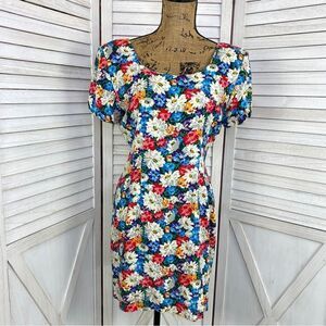 LA Belle Vintage Floral Sheath Dress Blue White 7 Small